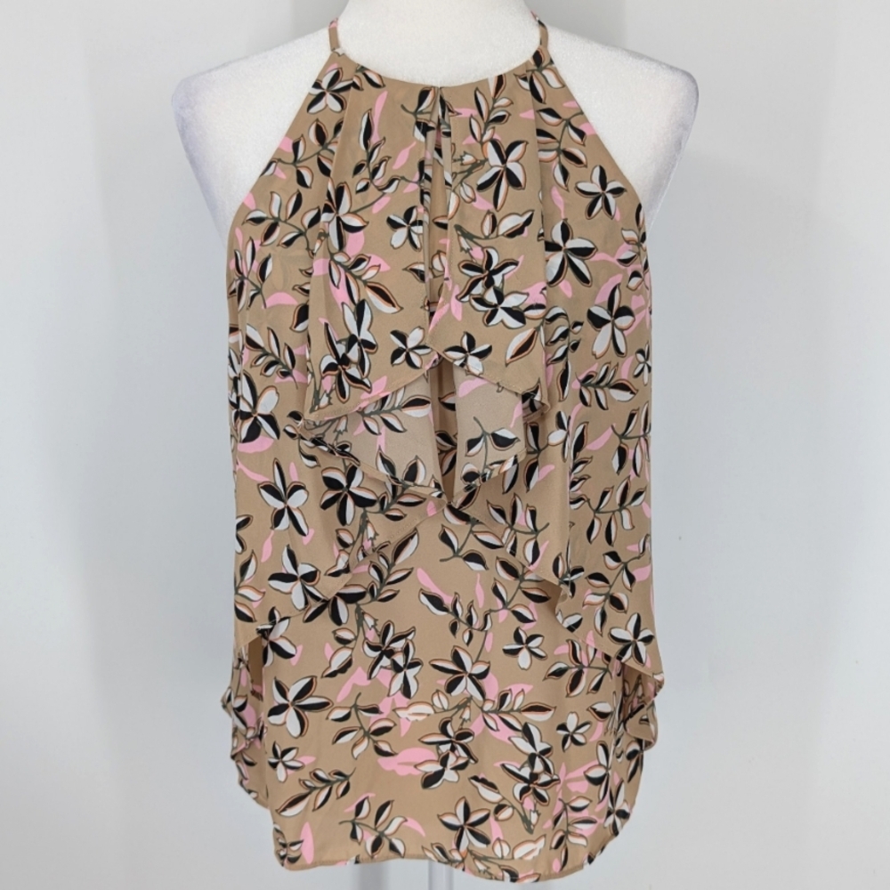 Banana Republic Tan Pink Floral Sleeveless Halter Neck Camisole Top Blouse Small
